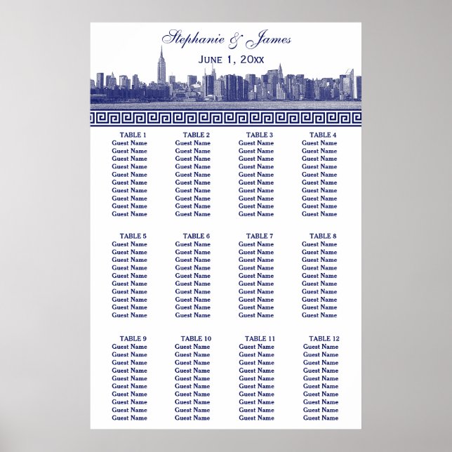 Poster NYC large Skyline Etted BW Blue Greek Key S (Devant)