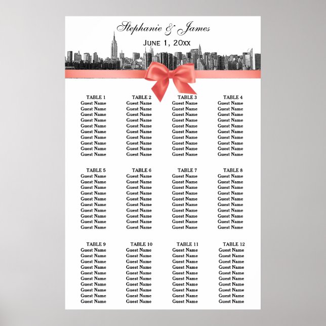 Poster NYC large Skyline Etted BW Coral Bow (Devant)