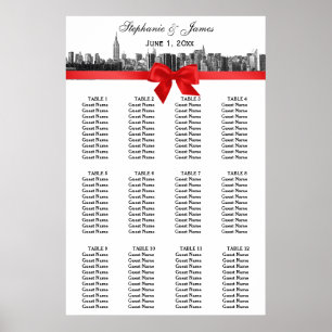 Poster NYC Wide Skyline Etched BW Red Bow