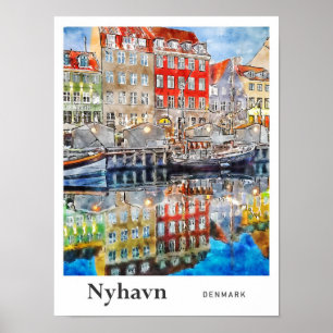 Poster Nyhavn Danemark Voyage Aquarelle main tirée