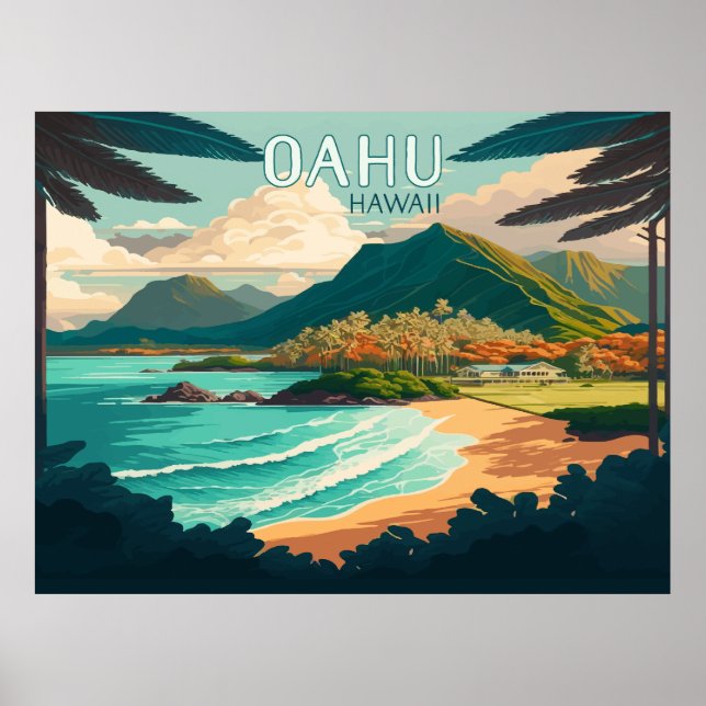 Poster Oahu Hawaii Beach Vintage Retro (Devant)