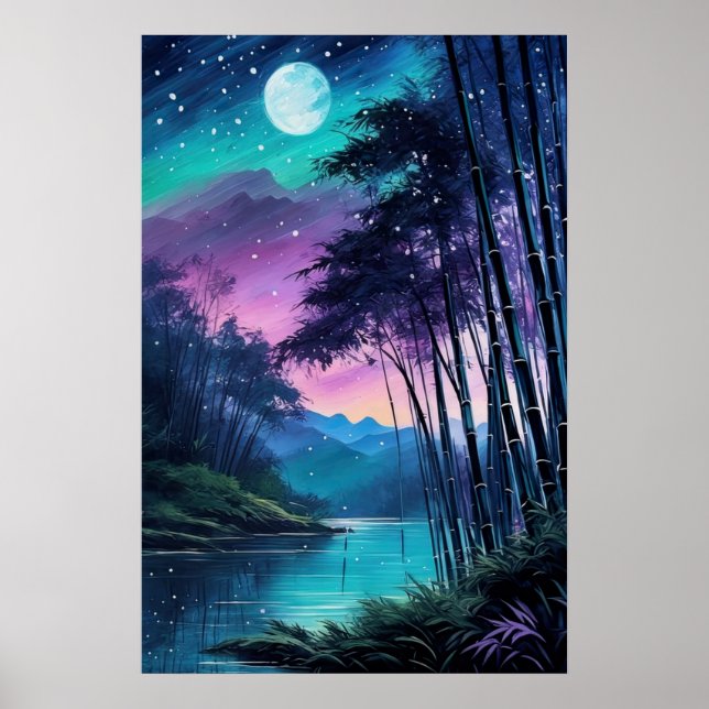 Poster Oasis au clair de lune : Riverbank en bambou (Devant)