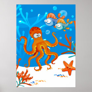Poster Océan Aquatique Cute Octopus Starfish Salle pour e