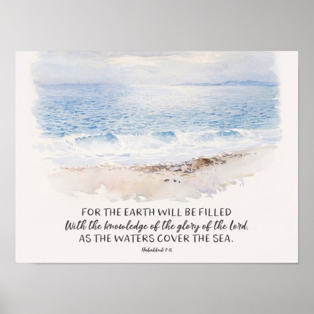 Poster Ocean Beach Bible Verse, Habakkuk 2:14 Aquarelle (Devant)