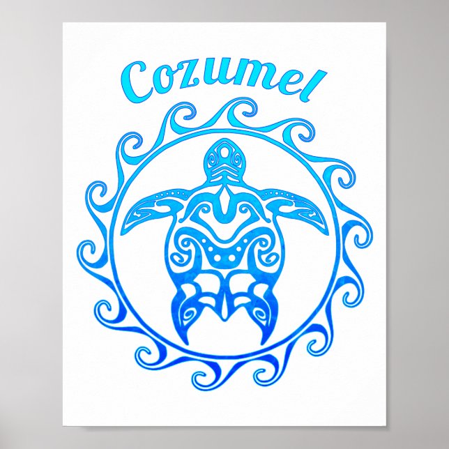 Poster Ocean Blue Tribal Turtle Cozumel (Devant)