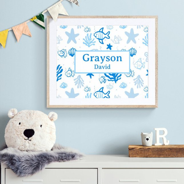 Poster Ocean Fish Nom personnalisé Nursery Boys Room Art (Customize the name! Shown with white mat and wood frame. You will receive print or digital image .)