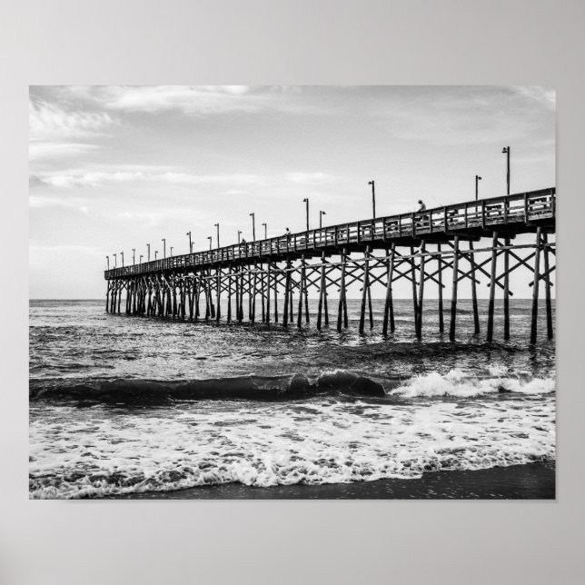 Poster Ocean Isle Fishing Pier Noir et blanc (Devant)