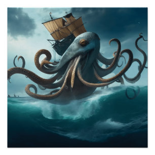 Poster Océan Kraken attaque de calmar géant voilier