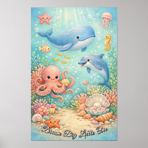 Poster Océan Pastel Baleine Pieuvre Hippocampe Garçon Ble