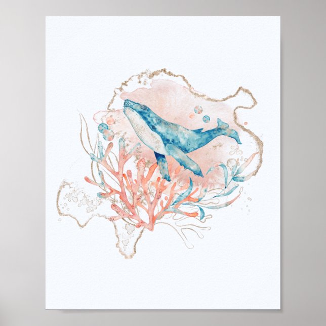 Poster Océan thème rose et bleu Aquarelle Baleine Mer (Devant)