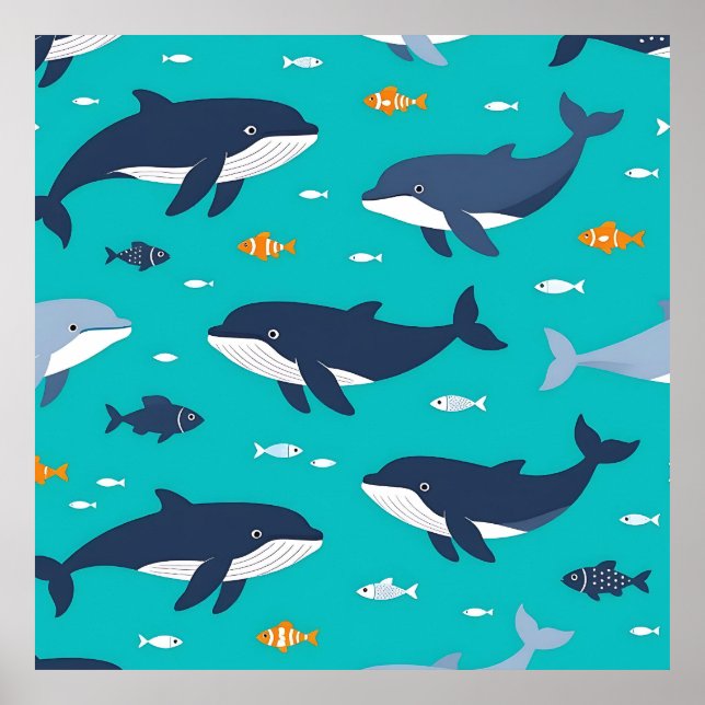 Poster Ocean Whales Dolphins Pattern (Devant)