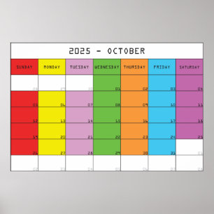 Poster Octobre 2025 couleurs jours calendrier plancer