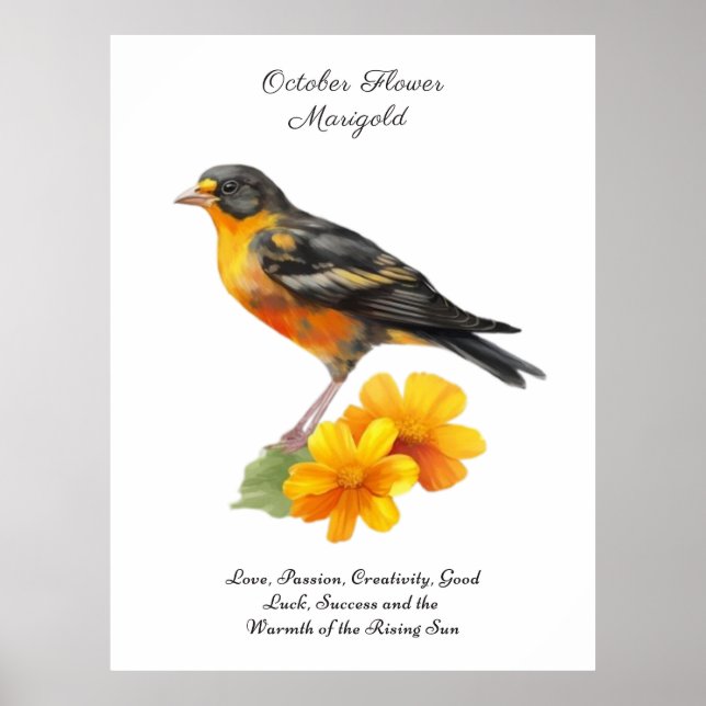 Poster Octobre Fleur Marigold et naissance d'oiseaux (Devant)