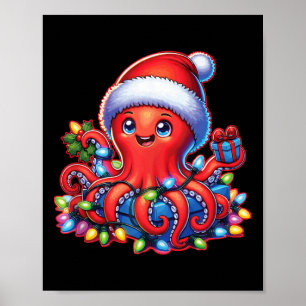 Poster Octopie De Noël Avec Chapeau De Père Noël Et Lumiè