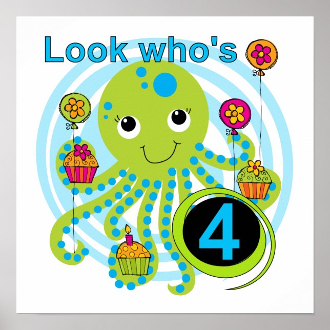 Poster Octopus 4e anniversaire T-shirts et cadeaux (Devant)