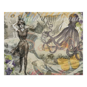 Poster Octopus Beach Antique Côte Steampunk