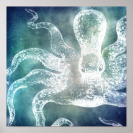 Poster Octopus Midnight Blue Teal Watercolor Vintage