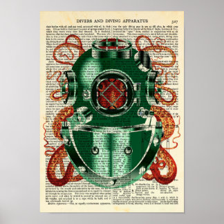 Poster Octopus portant le casque de plongée Curiosité Vin