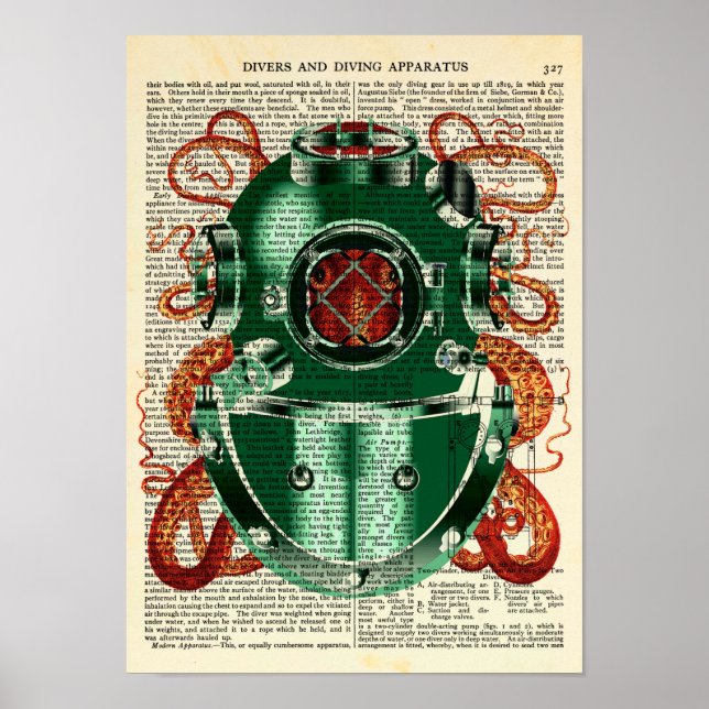 Poster Octopus portant le casque de plongée Curiosité Vin (Devant)