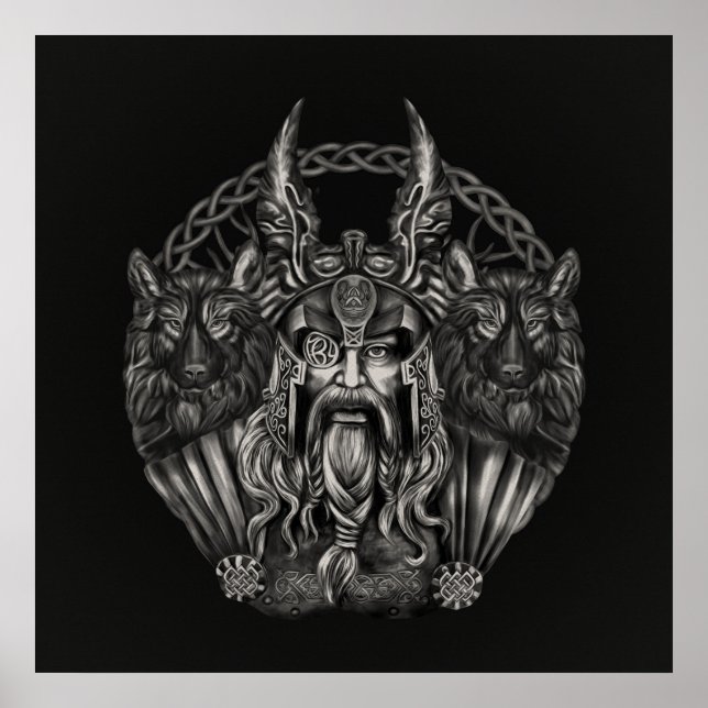 Poster Odin et ses loups Geri et Freki (Devant)