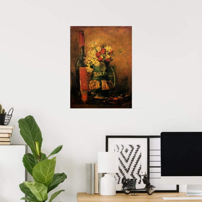 Poster Oeillets, Roses et une bouteille de Vincent van Go (Bureau à domicile)