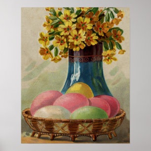 Poster Oeufs Pâques Panier Fleurs Antique