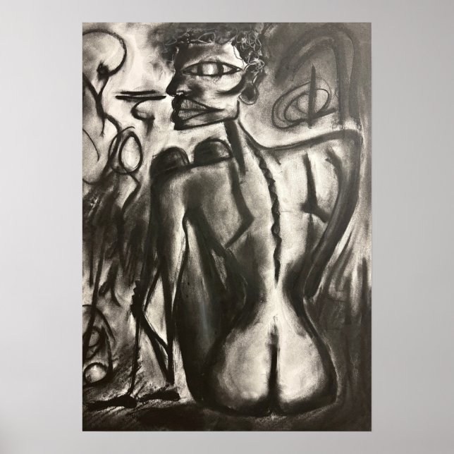 Poster œuvre d'art au charbon de bois assise (Devant)