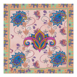 Poster Œuvre d'art boho paisley et motif éléphant_mandala