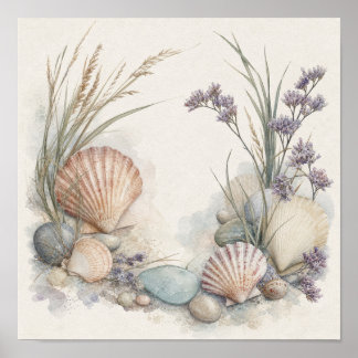 Poster Œuvre d'art carrée sur coquillages côtiers et lava