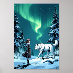 Poster Œuvre d'art murale Anime Loup Arctique Aurore