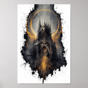 Poster Œuvre d'art murale Château gothique Lune dorée