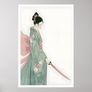 Poster Œuvre d'art murale de femme samouraï rose et verte