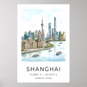 Poster Œuvre d'art murale de la skyline de Shanghai, pays