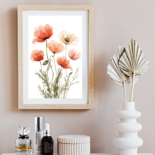 Poster Œuvre d'art murale florale aquarelle Poppies Corai