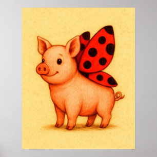 Poster Œuvre d'art murale Lady Pig, ailes de coccinelle c