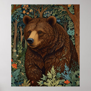 Poster Œuvre d'art rétro ours brun boho forêt boisée