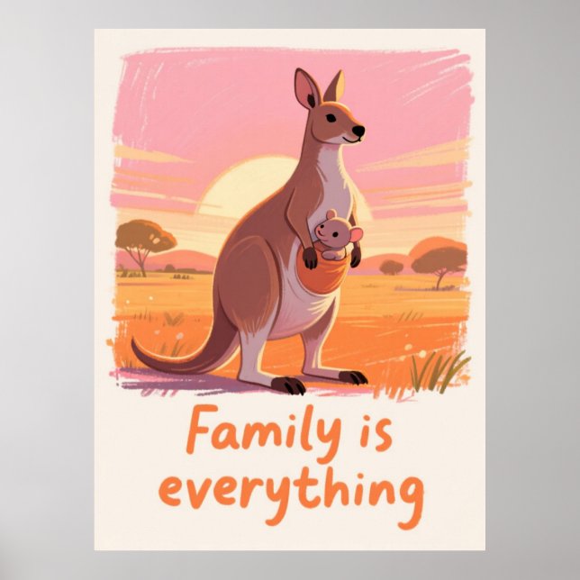 Poster Œuvre d'art sur la famille de kangourous au couche (Devant)