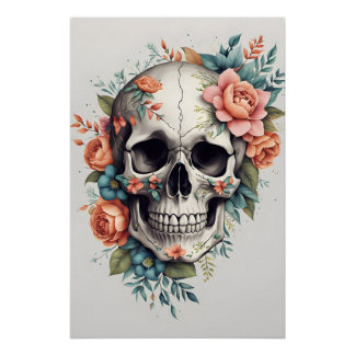 Poster Oeuvre d'art unique au crâne floral