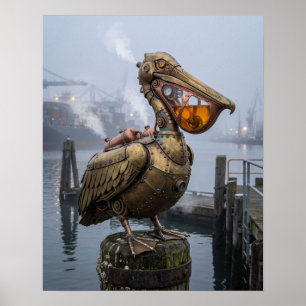 Poster Œuvre d'art vintage sur le port au pélécan à vapeu