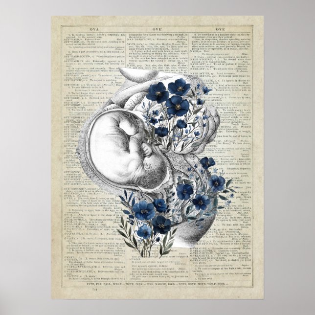 Poster Oeuvre de grossesse Anatomie Womb avec fleurs bleu (Devant)