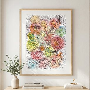 Poster Oeuvre florale détaillée sur l'aquarelle Ombre