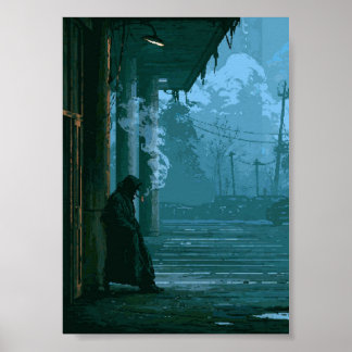 Poster Officier Noir Pixel Art Rétro Fumant
