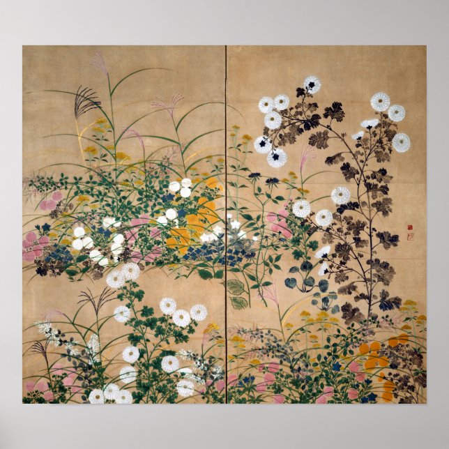Poster Ogata Korin Flowering Plants à Autumn (Devant)