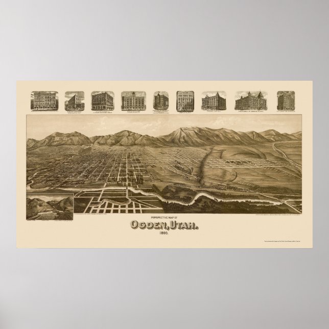 Poster Ogden, UT Carte panoramique - 1890 (Devant)