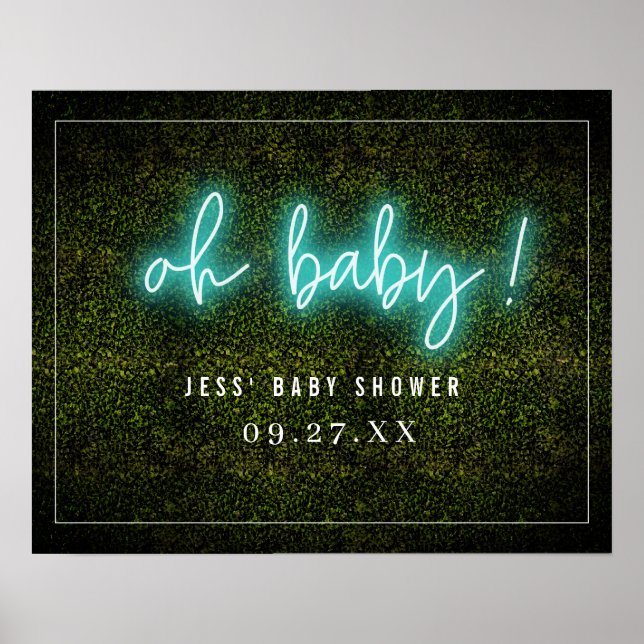 Poster Oh Baby Baby shower de Boxwood en néon bleu (Devant)