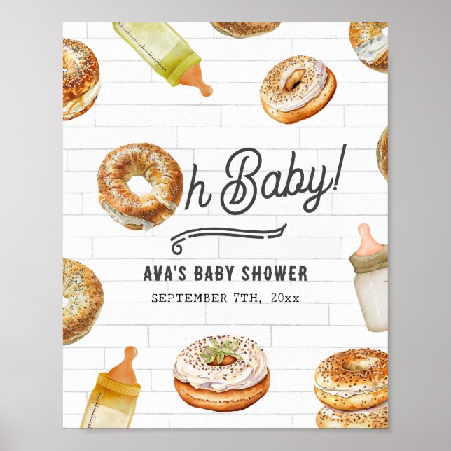 Poster Oh Baby Bottles & Bagels Baby shower Bienvenue (Devant)
