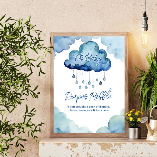 Poster Oh Baby nuage baby shower diaper signe de tombola (Oh Baby cloud baby shower diaper raffle sign cute blue whimsical cloud with raindrops  table sign)