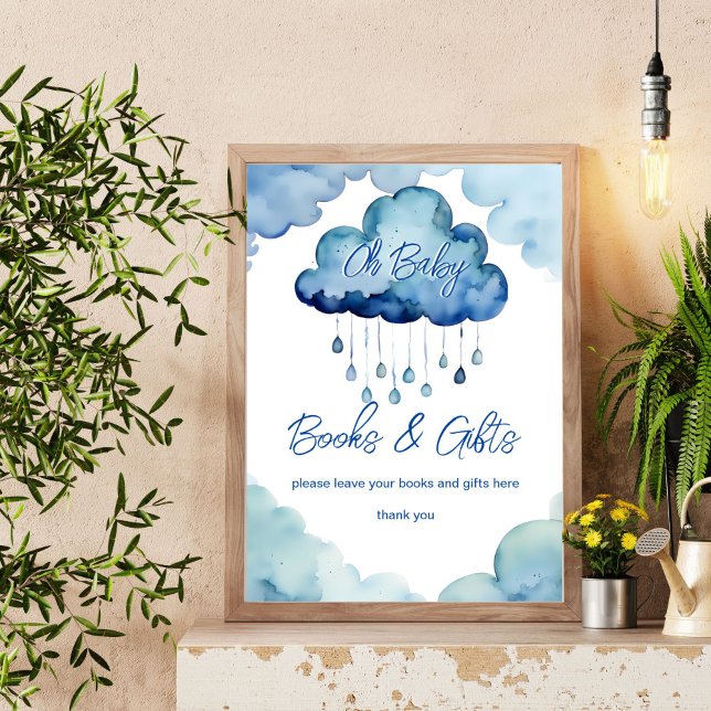 Poster Oh Baby nuage baby shower livres et signes cadeaux (Oh Baby cloud baby shower books and gifts table sign cute blue whimsical cloud sign)