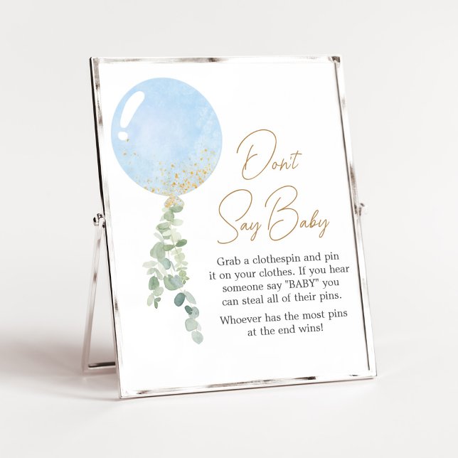 Poster Oh, Baby shower de ballon ne dit pas bébé (Blue Balloon Eucalyptus Baby Shower Don't Say Baby Sign)
