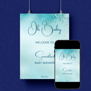 Poster Oh bébé cyan aqua bleu baby shower accueil